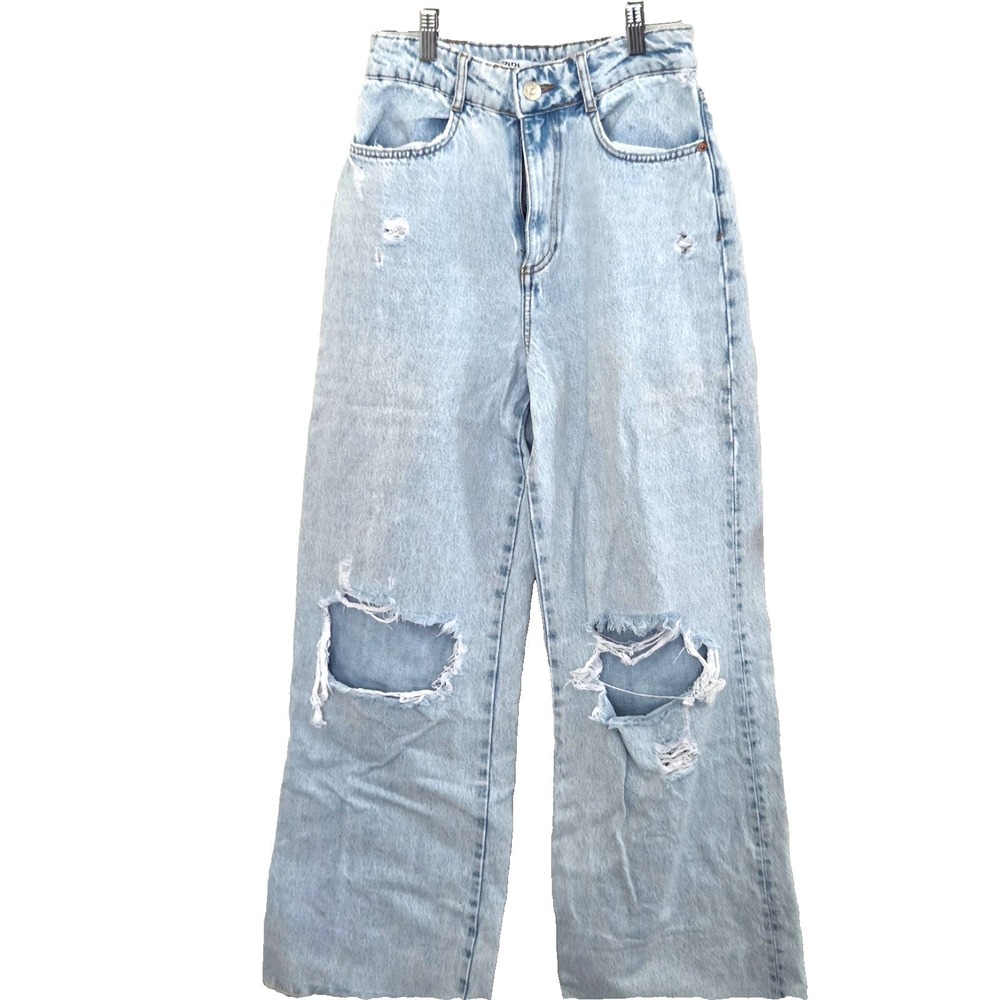 Zara Jeans Womens 4 Light Wash Wide Leg Denim Distressed High Waist Whiskering